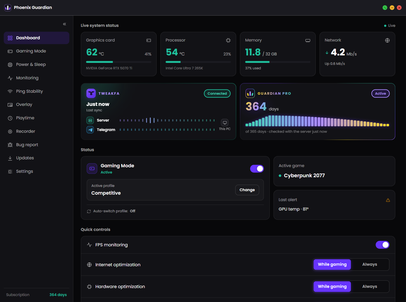 Phoenix Guardian dashboard: live system status