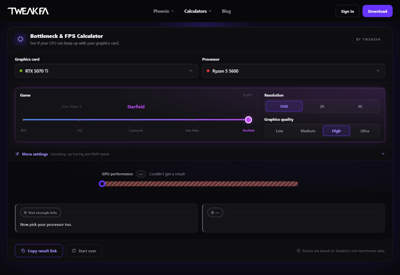 TweakFa bottleneck calculator: Ryzen 5 5600 with an RTX 5070 Ti in Starfield