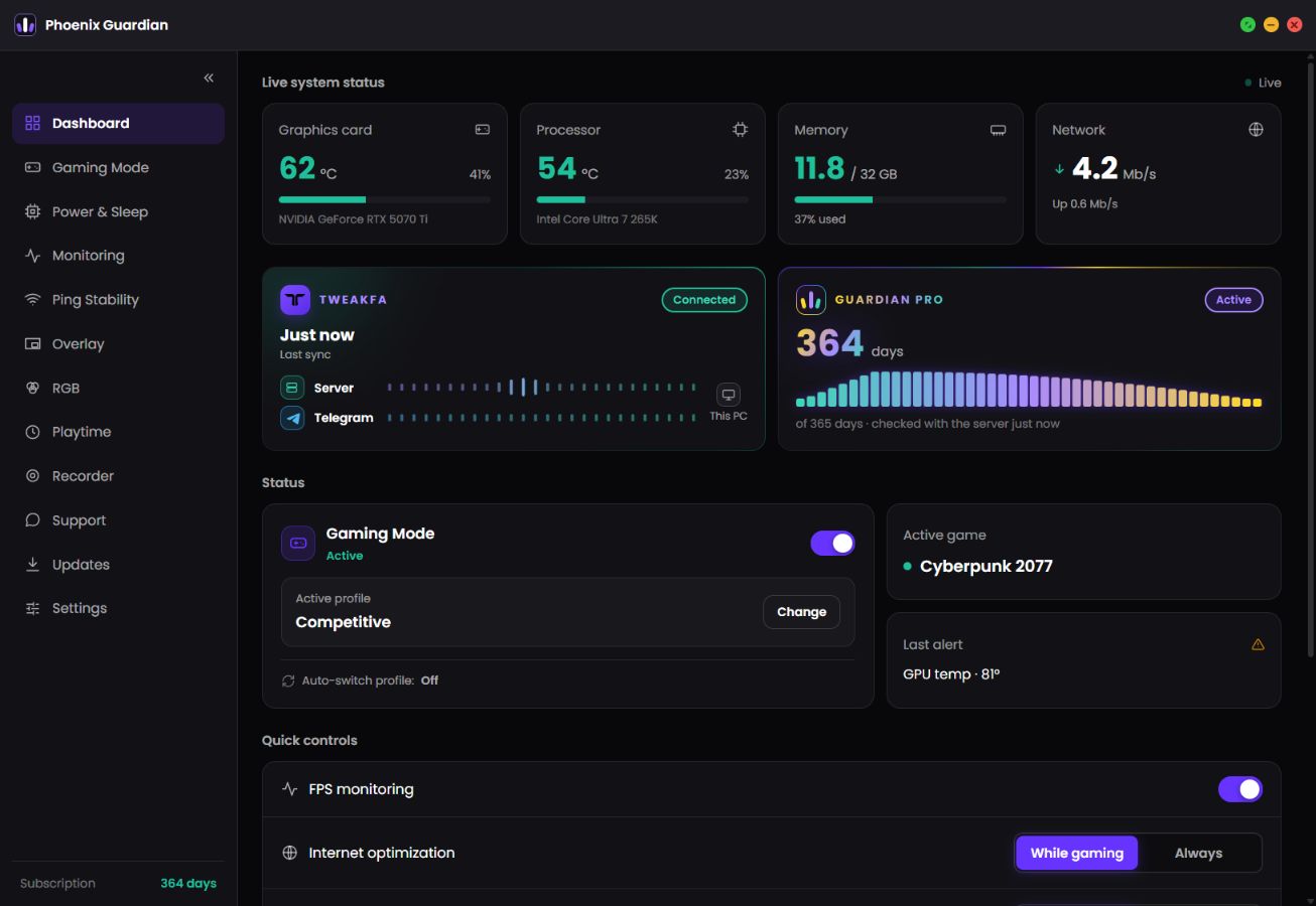 Phoenix Guardian dashboard with GPU and CPU temperature, memory usage and network speed