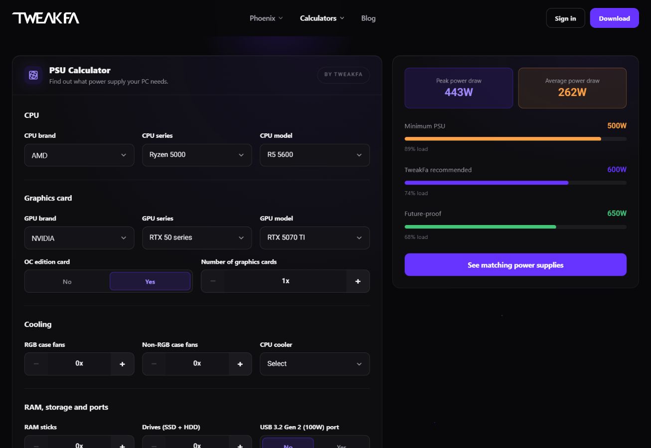 TweakFa PSU calculator: estimated system power draw and a recommended power supply