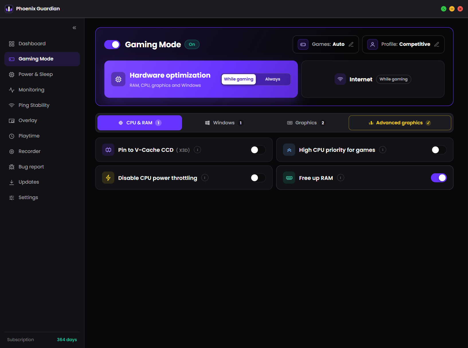 Gaming Mode tab: active profile and optimizations