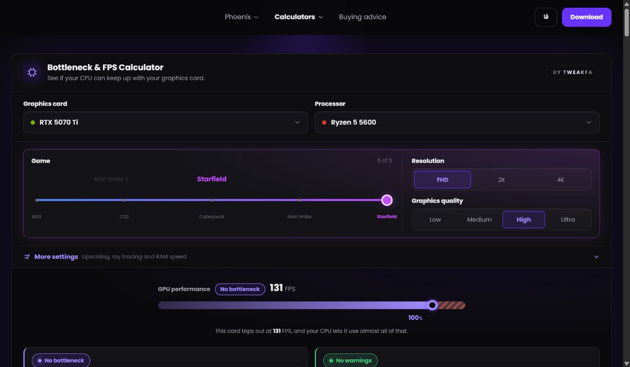 TweakFa bottleneck calculator: Ryzen 5 5600 with an RTX 5070 Ti in Starfield