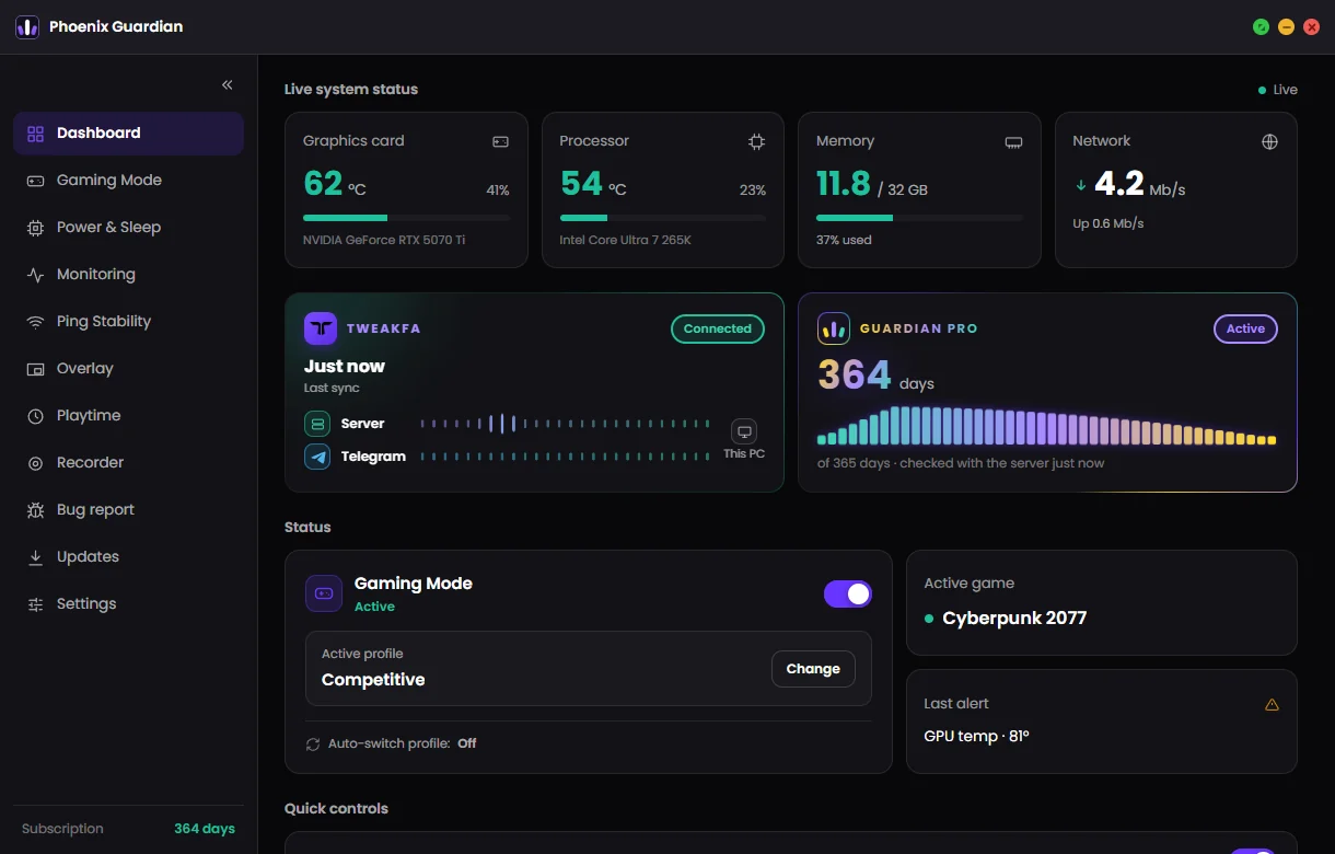 Phoenix Guardian dashboard with GPU and CPU temperature, memory usage and network speed