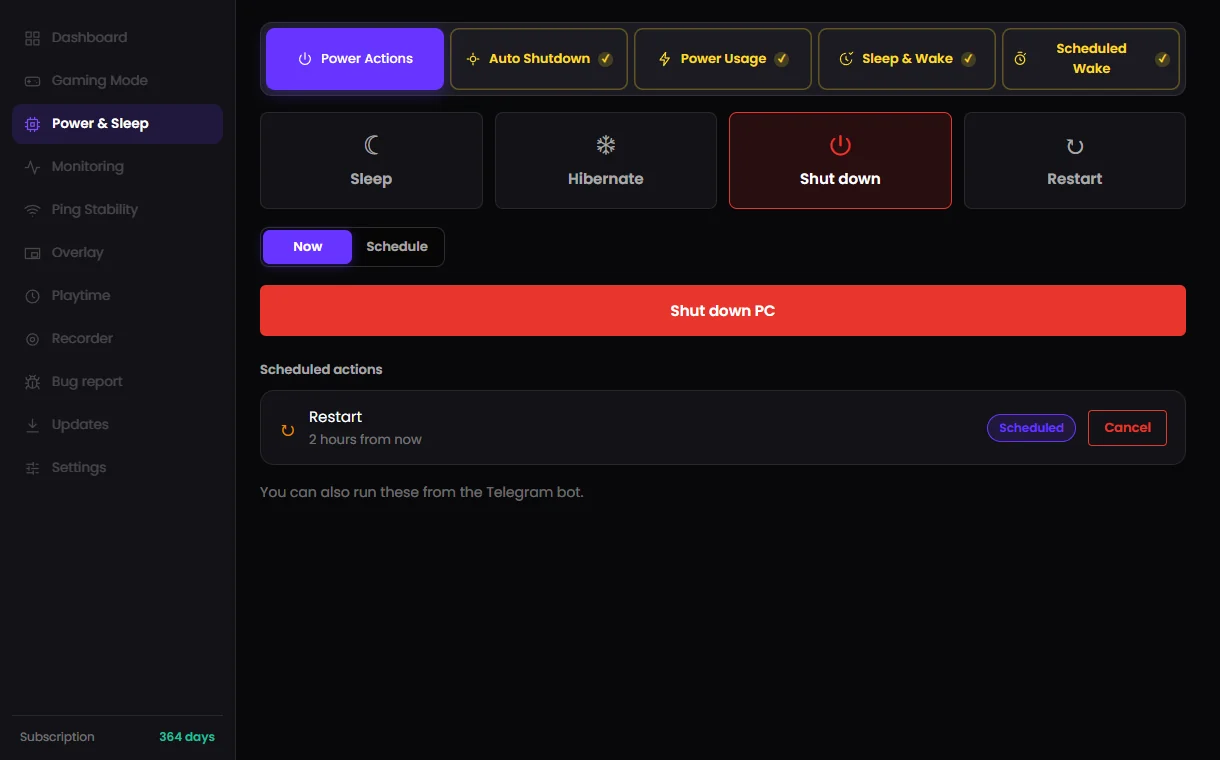 Power & Sleep tab: scheduled and automatic shutdown and restart